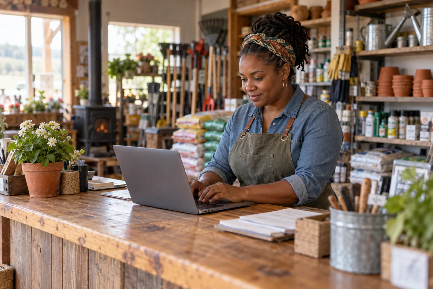 Small shop owner working on a laptop at the counter