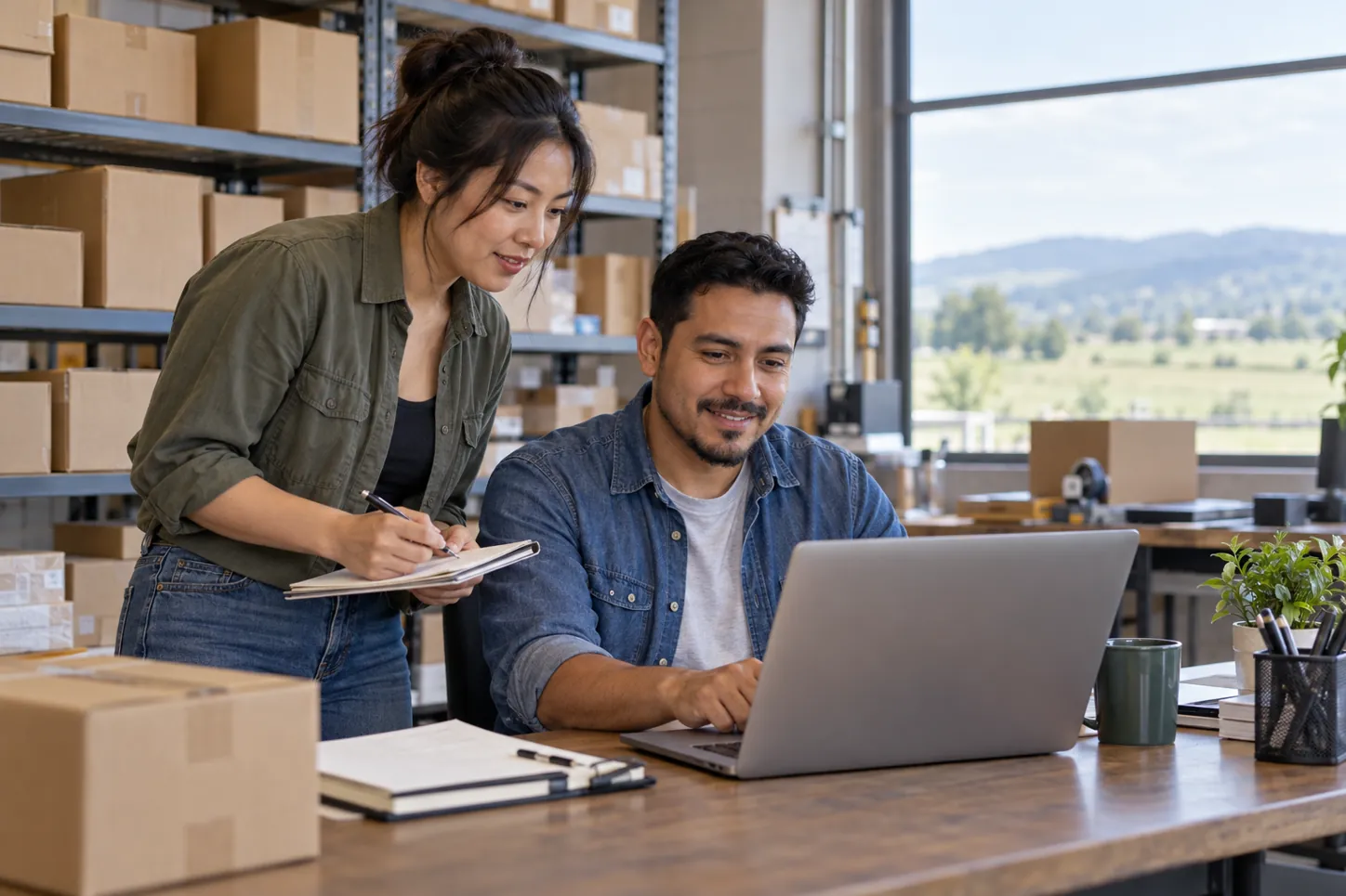 Two colleagues reviewing work on a laptop in a small warehouse office