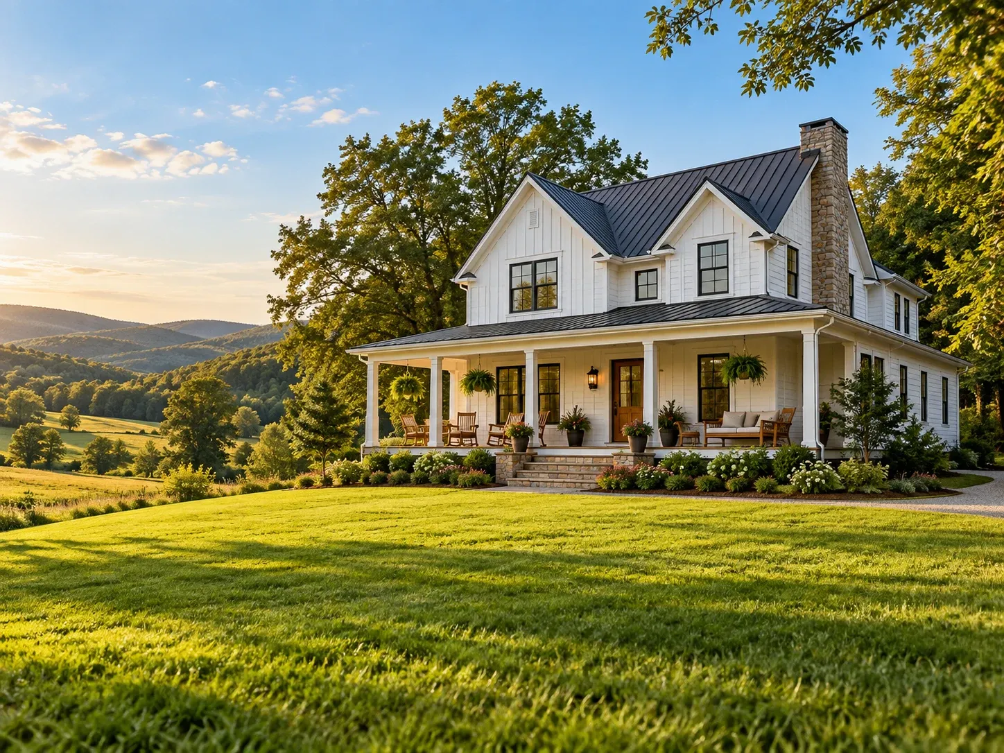 Country home with a porch overlooking green hills