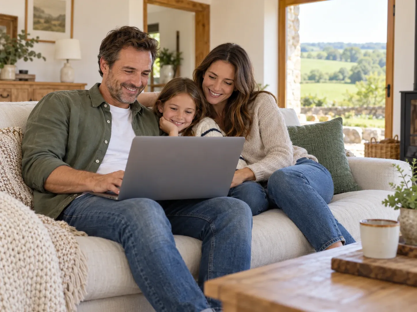 Family spending time together with a laptop at home