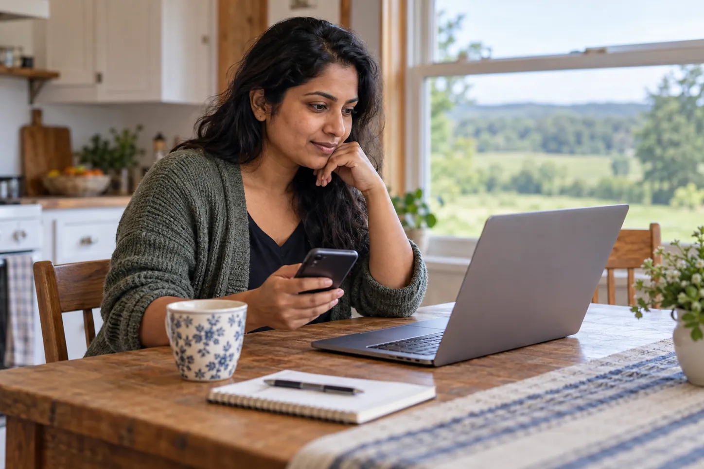 Woman reviewing information on a laptop while holding her phone at home