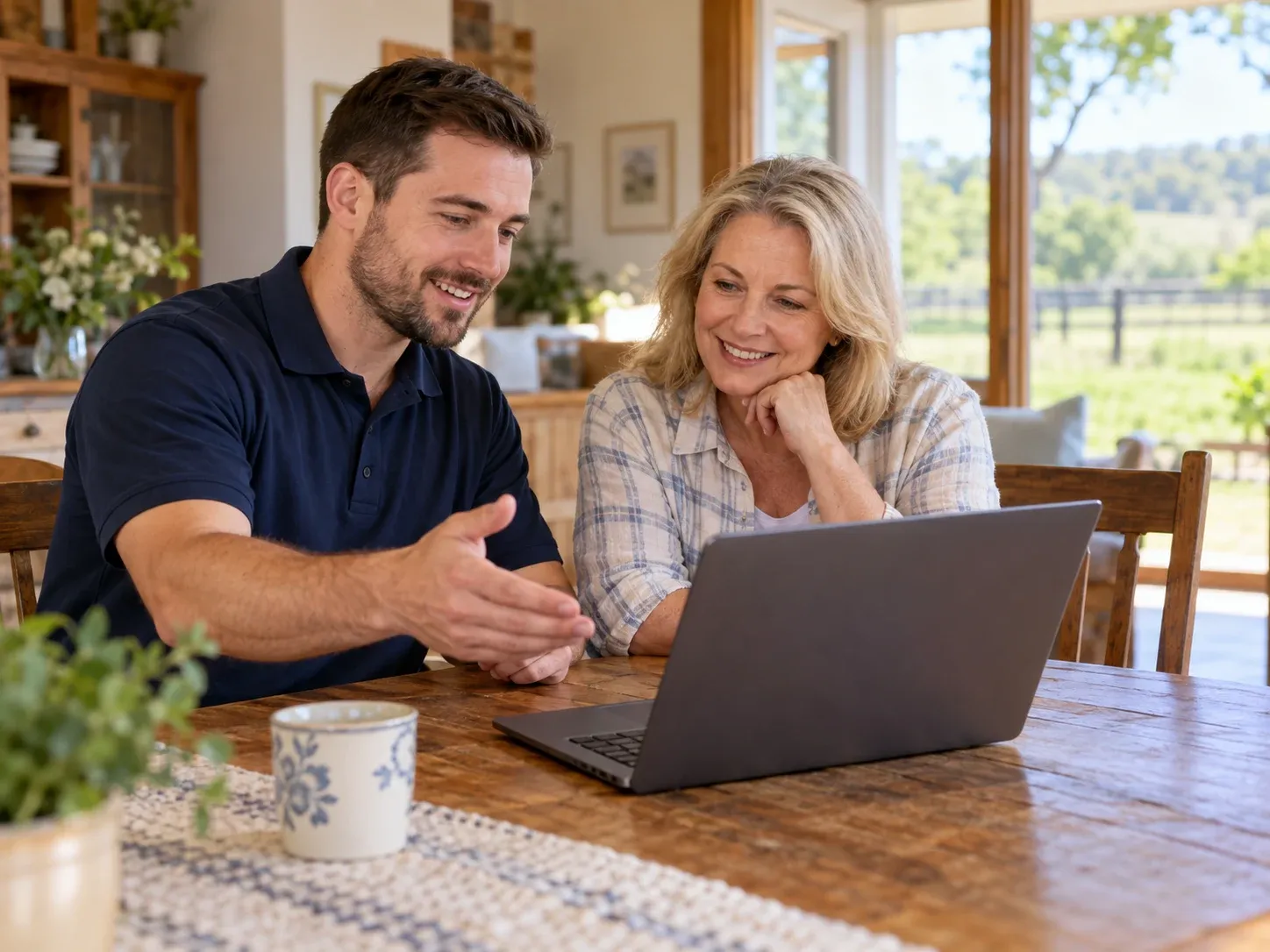 Illustration of a technician helping a homeowner with a laptop