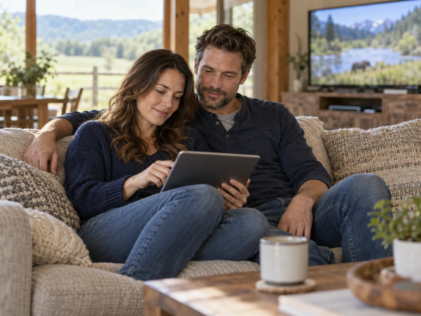 Couple relaxing on a sofa and using a tablet together
