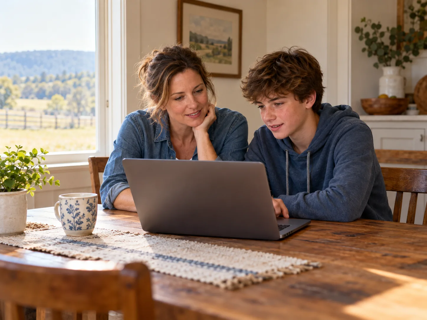 Mother and teenage son using a laptop together at a kitchen table